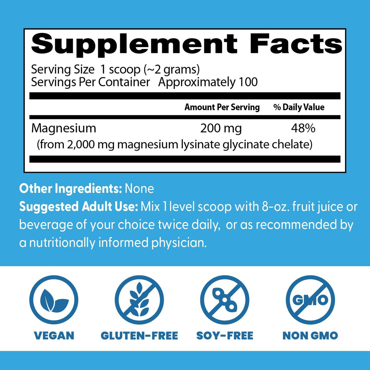 Doctor's Best High Absorption Magnesium Lysinate Glycinate Powder, tub packaging, unflavoured, 200mg, 200g, supplement facts and ingredients