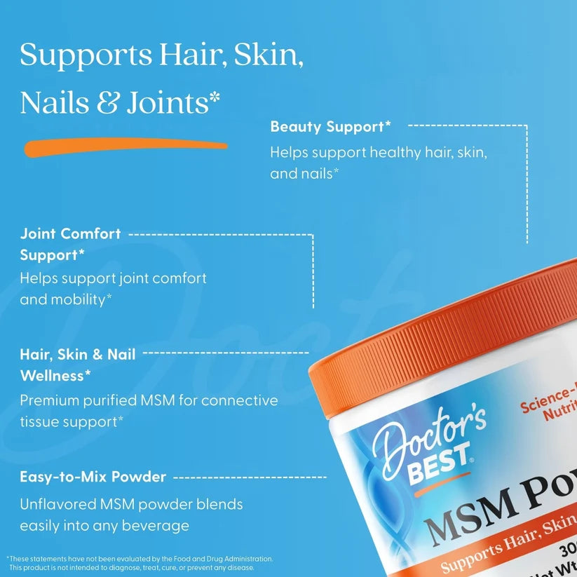 Doctor's Best MSM Powder with OptiMSM, container packaging, unflavoured, 250g, daily dietary supplement use