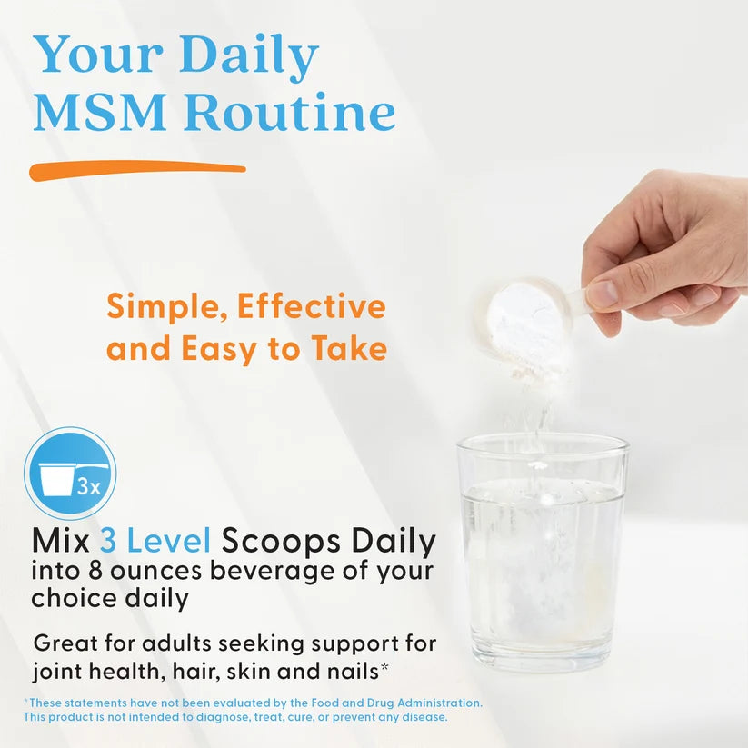 Doctor's Best MSM Powder with OptiMSM, container packaging, unflavoured, 250g, preparation instructions
