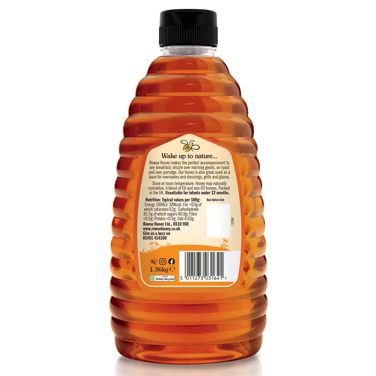Rowse Clear Squeezy Honey nutrition value & barcode on 1.36kg squeeze bottle