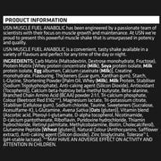 Back label of USN Muscle Fuel Anabolic with nutrition facts.