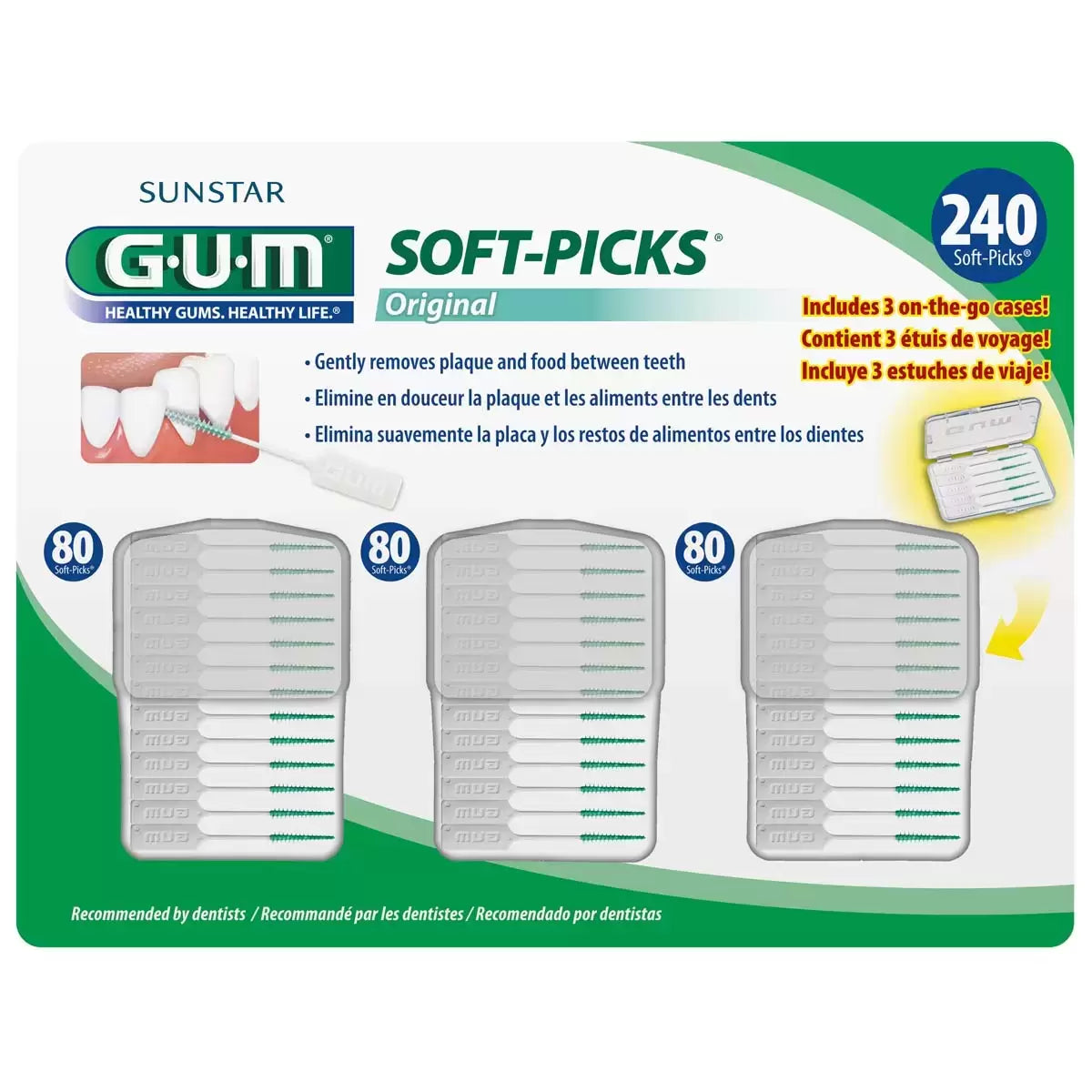 Sunstar GUM Soft-Picks Original 240 Soft-Picks with 3 travel cases