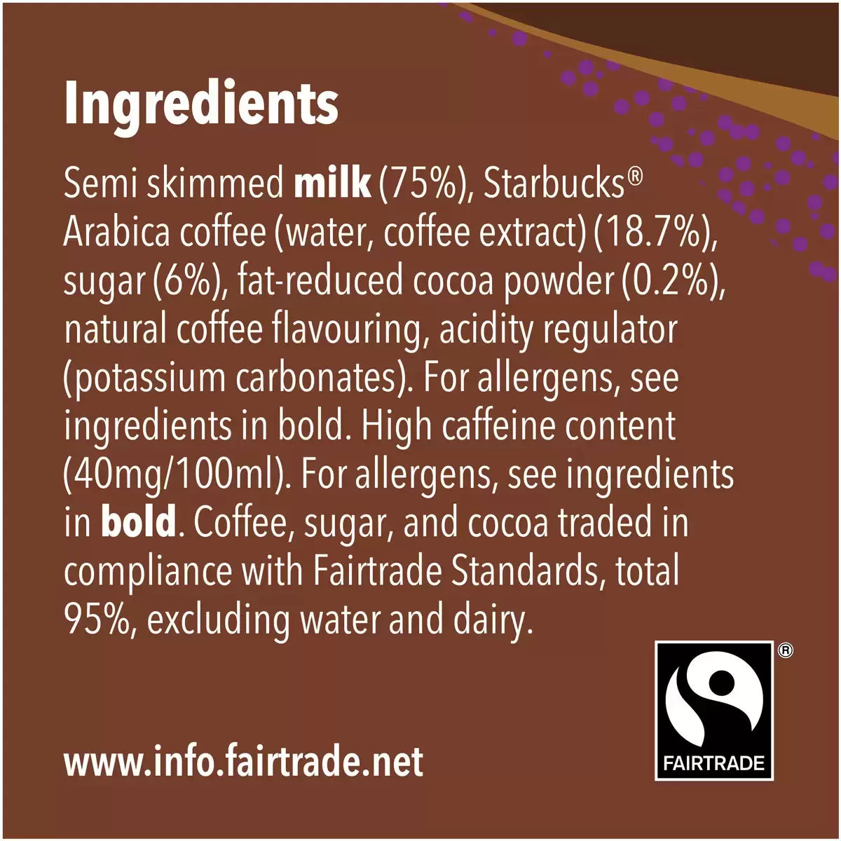 Starbucks Frappuccino Mocha Iced Coffee Drink, glass bottle packaging, Mocha flavour, 8 x 250ml, ingredients and nutrition information