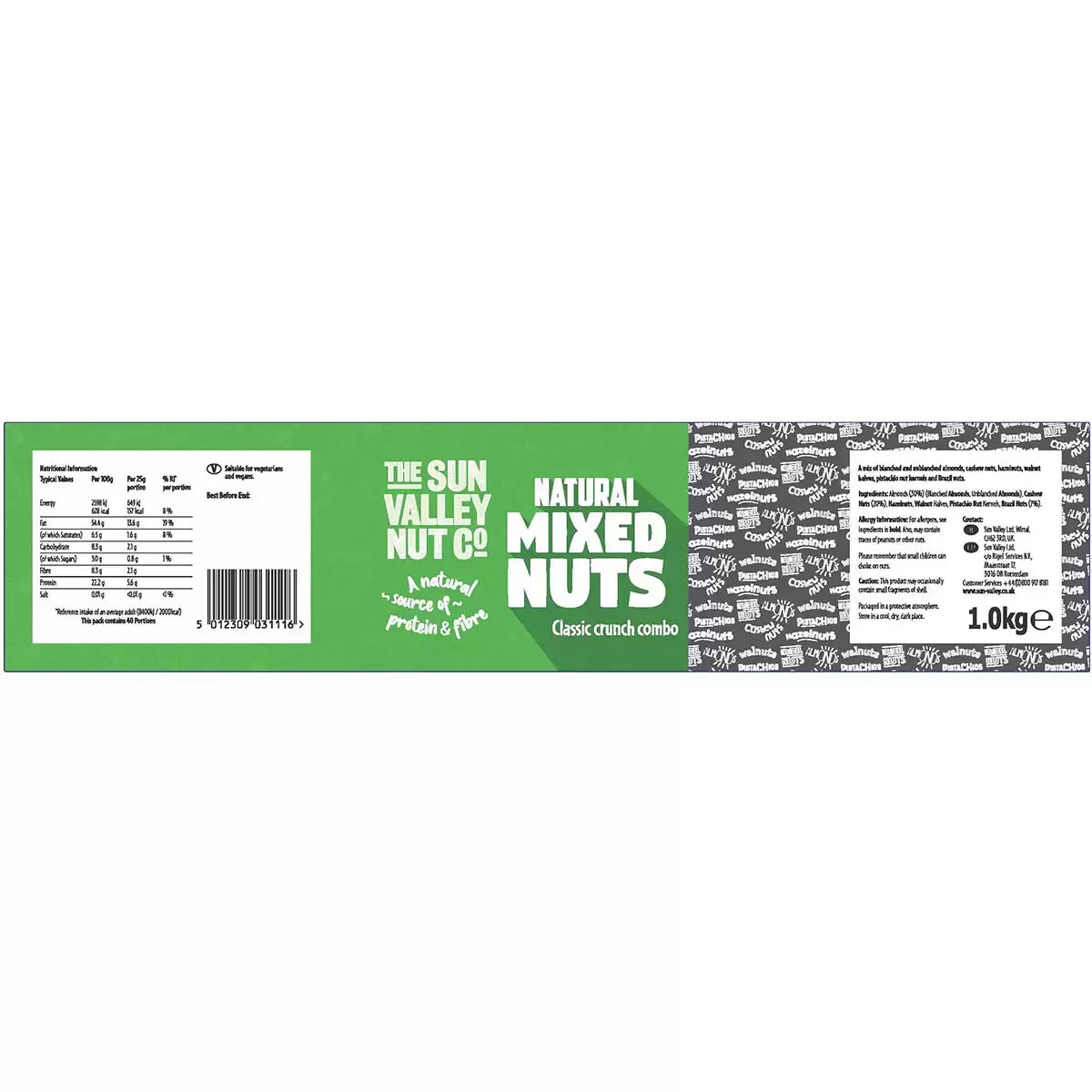 Supplement facts, ingredients & barcode image: Sun Valley mixed nuts 1kg ingredient label packaging