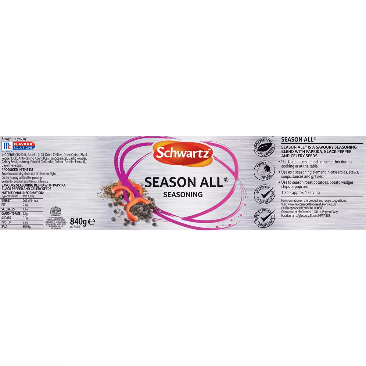 Supplement facts & ingredients image: Schwartz Season All Seasoning ingredient information packaging 840g
