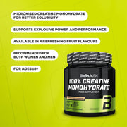 BioTechUSA 100% Creatine Monohydrate supplement facts powder peach ice tea flavour 300g