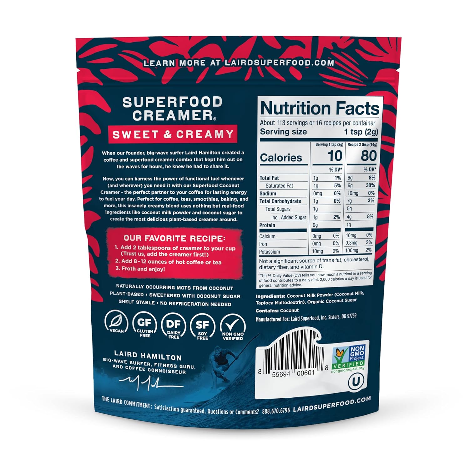 Laird Superfood sweet and creamy coffee creamer ingredients, barcode & nutrition facts label 227g on white background