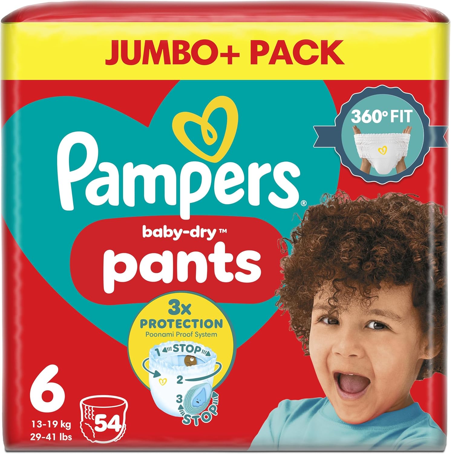 Front image: Pampers Baby-Dry Pants Size 6 jumbo pack 54 nappies 13-19kg packaging