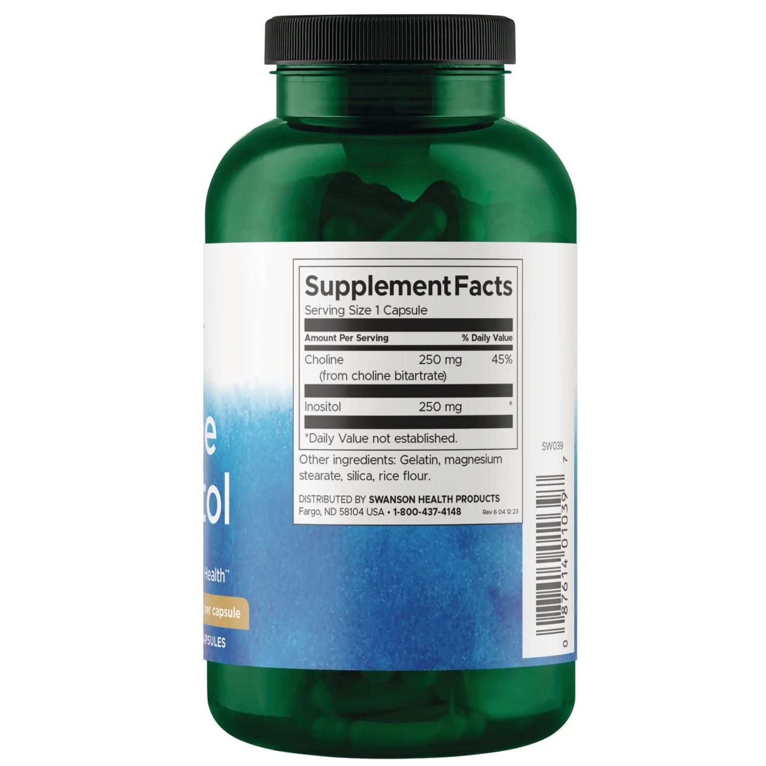 Swanson Choline and Inositol supplement capsule bottle 250 capsules 250mg each supplement facts ingredients & barcode panel