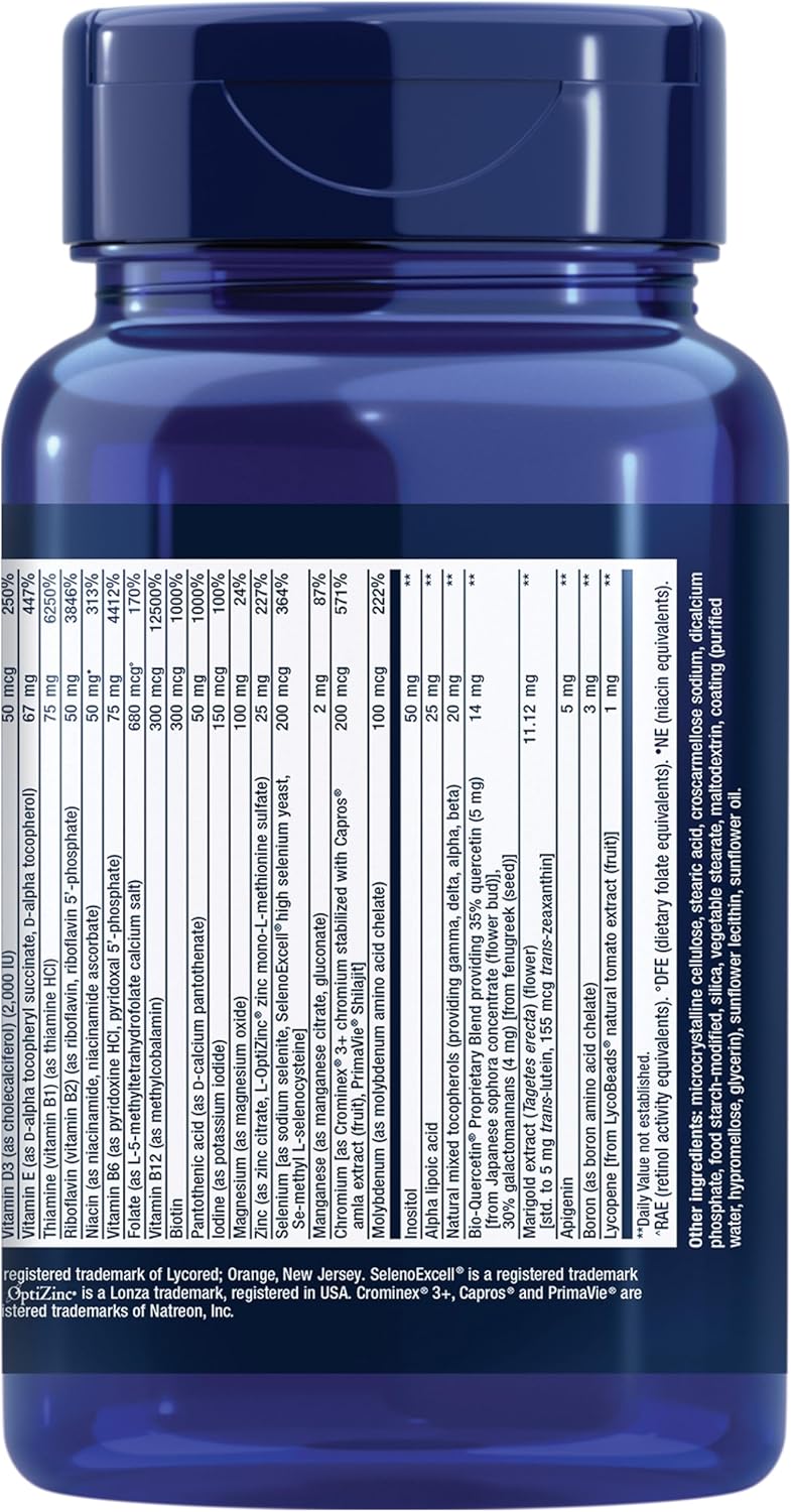 Supplement facts panel for Life Extension Two-Per-Day Multivitamin showing full ingredient list.