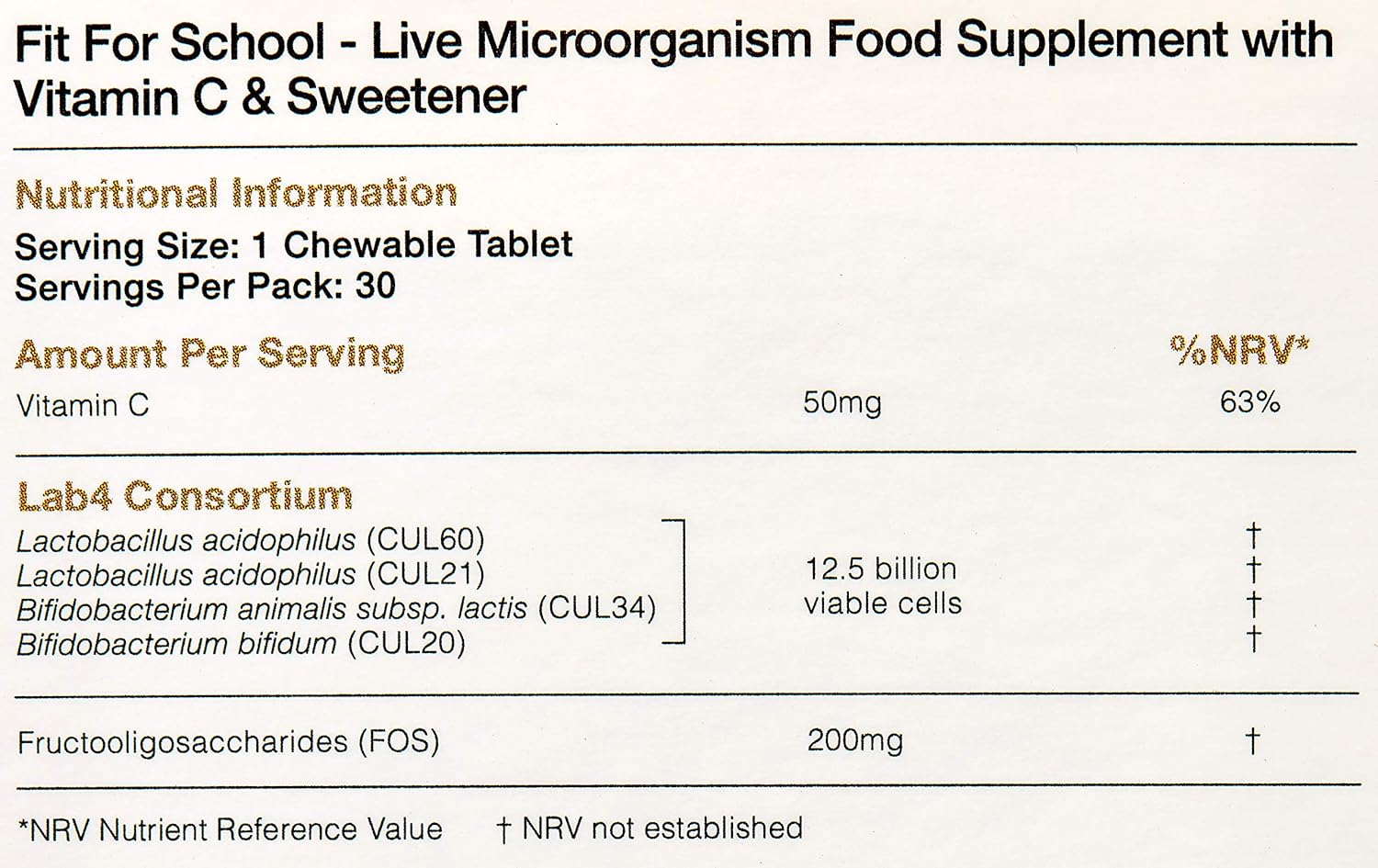 Supplement Facts & Ingredients Image: ProVen Fit for School probiotics ingredients label 30 tablets pack