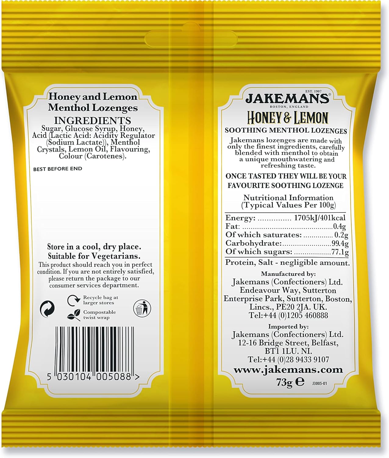 Jakemans Honey & Lemon Soothing Menthol Lozenges, bag packaging, honey and lemon flavour, 73g, ingredients information & barcode