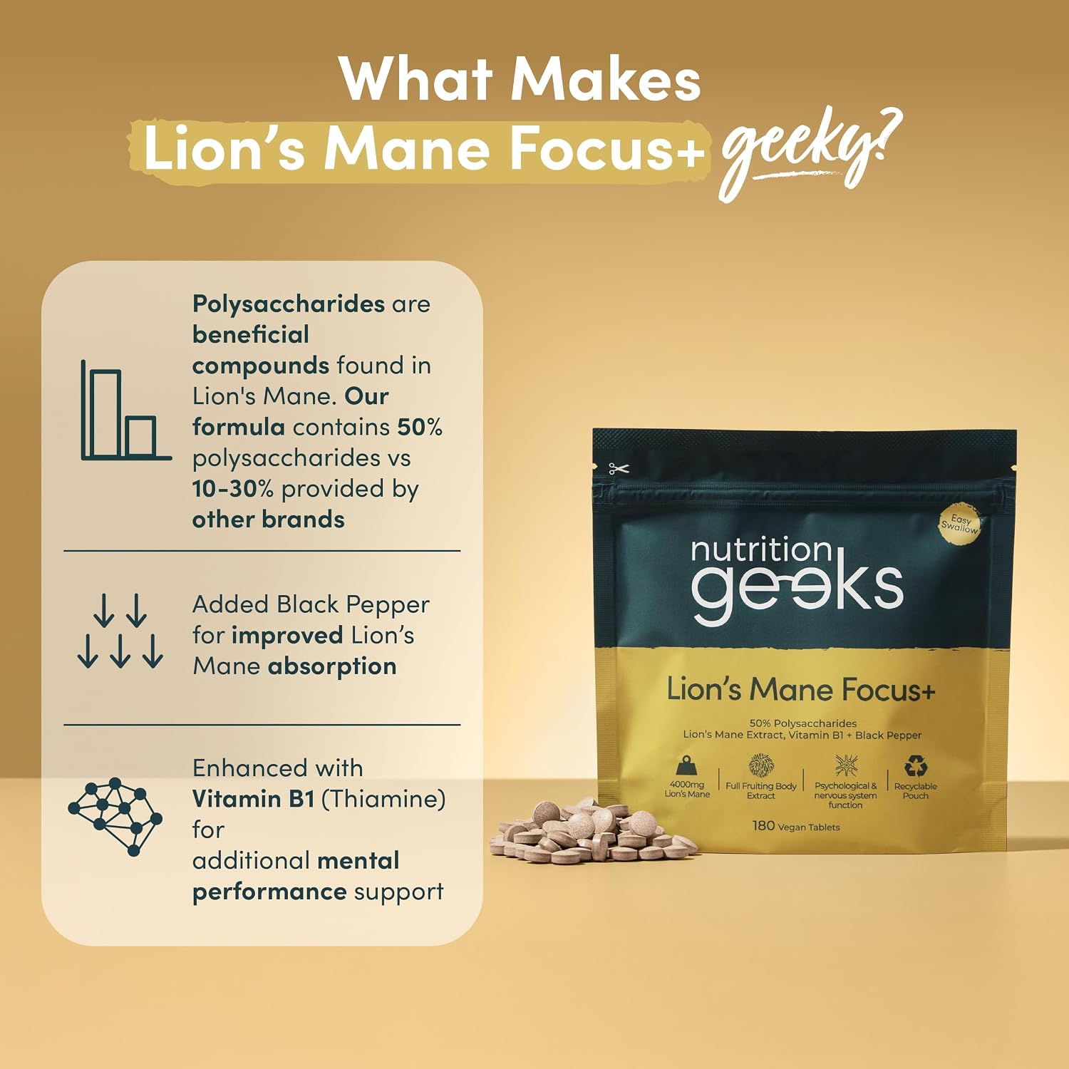 Nutrition Geeks Lion's Mane Focus+ 4000mg, vegan food supplement tablet packaging, no flavour, 180 tablets, daily supplement use