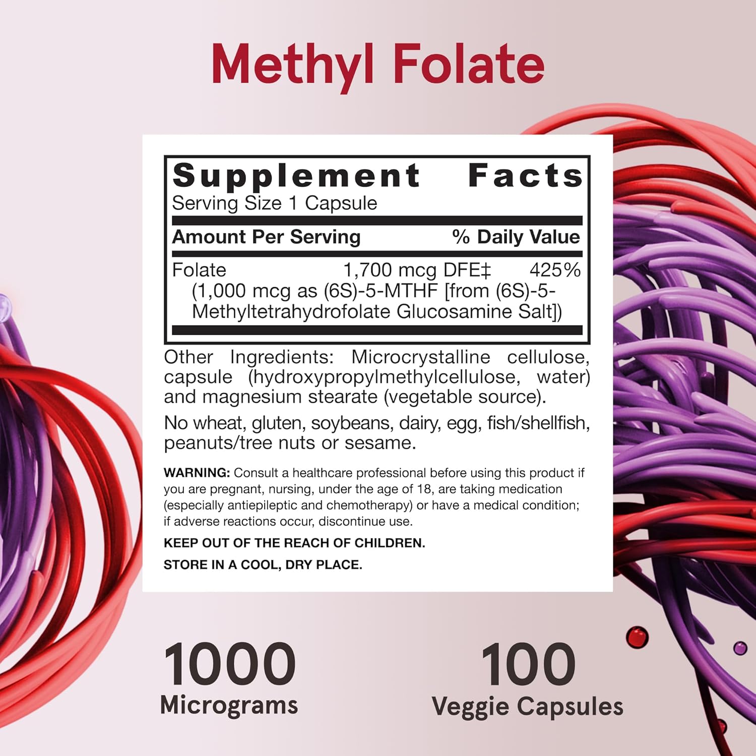 Supplement Facts Image: Jarrow Formulas Methyl Folate 1000mcg veggie capsules supplement facts and ingredients 100 count