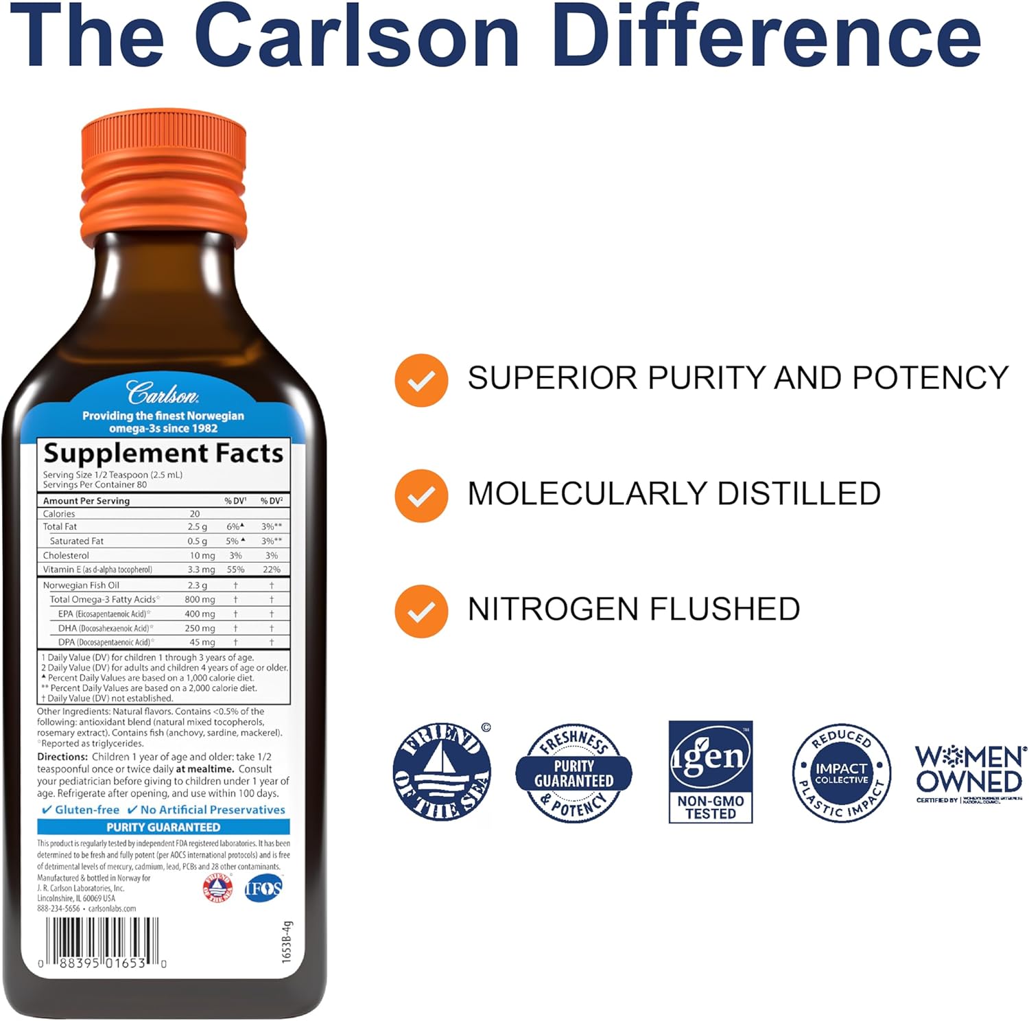 Supplement facts, ingredients & barcode image: Carlson Kids fish oil omega 3 EPA DHA supplement facts 200 ml bottle orange