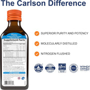 Supplement facts, ingredients & barcode image: Carlson Kids fish oil omega 3 EPA DHA supplement facts 200 ml bottle orange