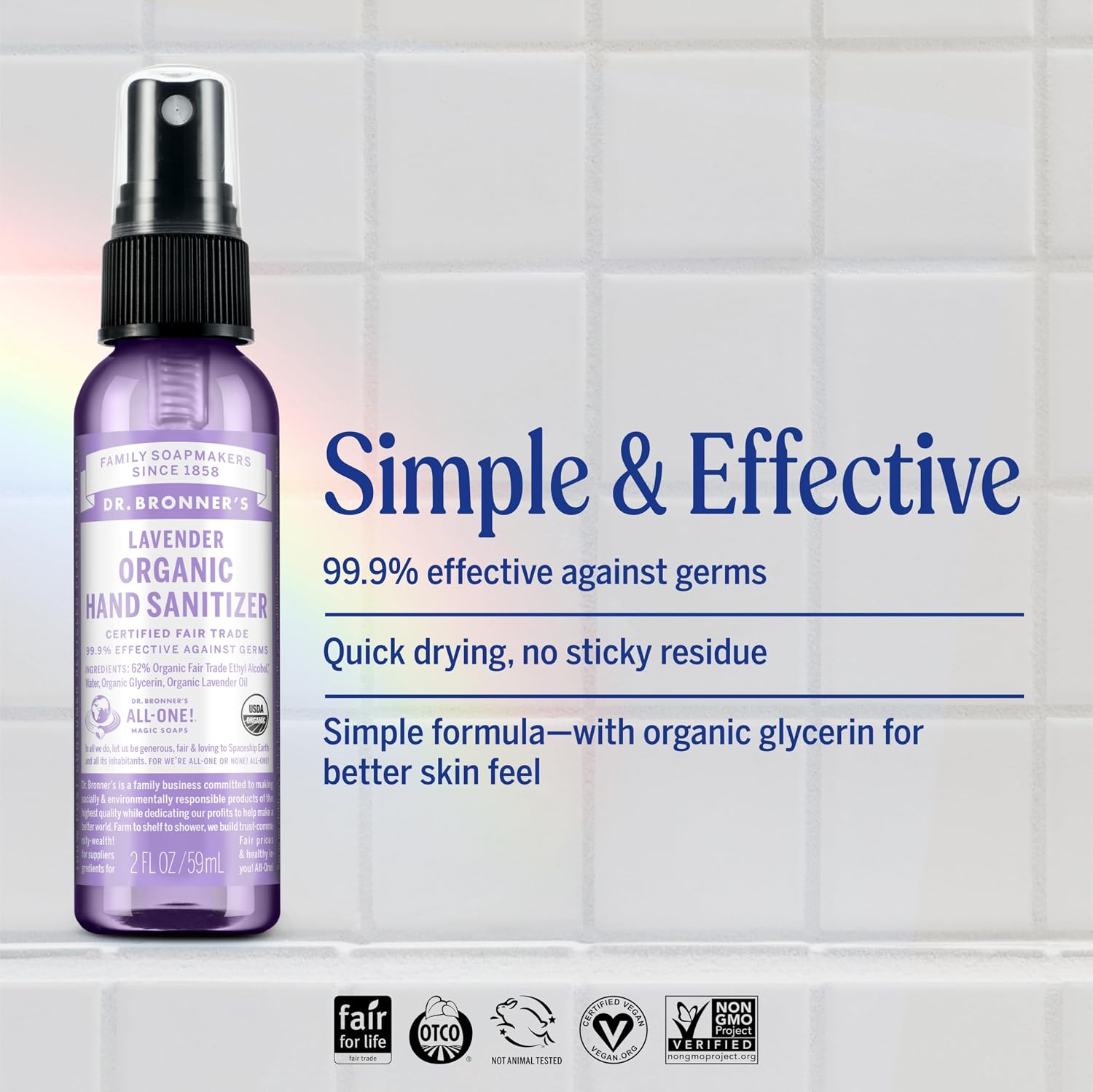 Dr. Bronner's Organic Lavender Hand Cleansing Spray 60ml bottle for on-the-go hand care