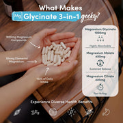 Nutrition Geeks Magnesium Glycinate 3-in-1, vegan food supplement capsule packaging, no flavour, 90 capsules, daily supplement use