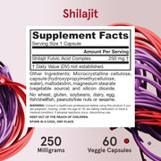Supplement Facts Image: Jarrow Formulas Shilajit 250mg veggie capsules supplement facts and ingredients 60 count