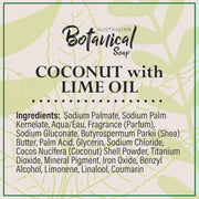 Ingredients and product details for Australian Botanical Coconut Lime soap bar pack.