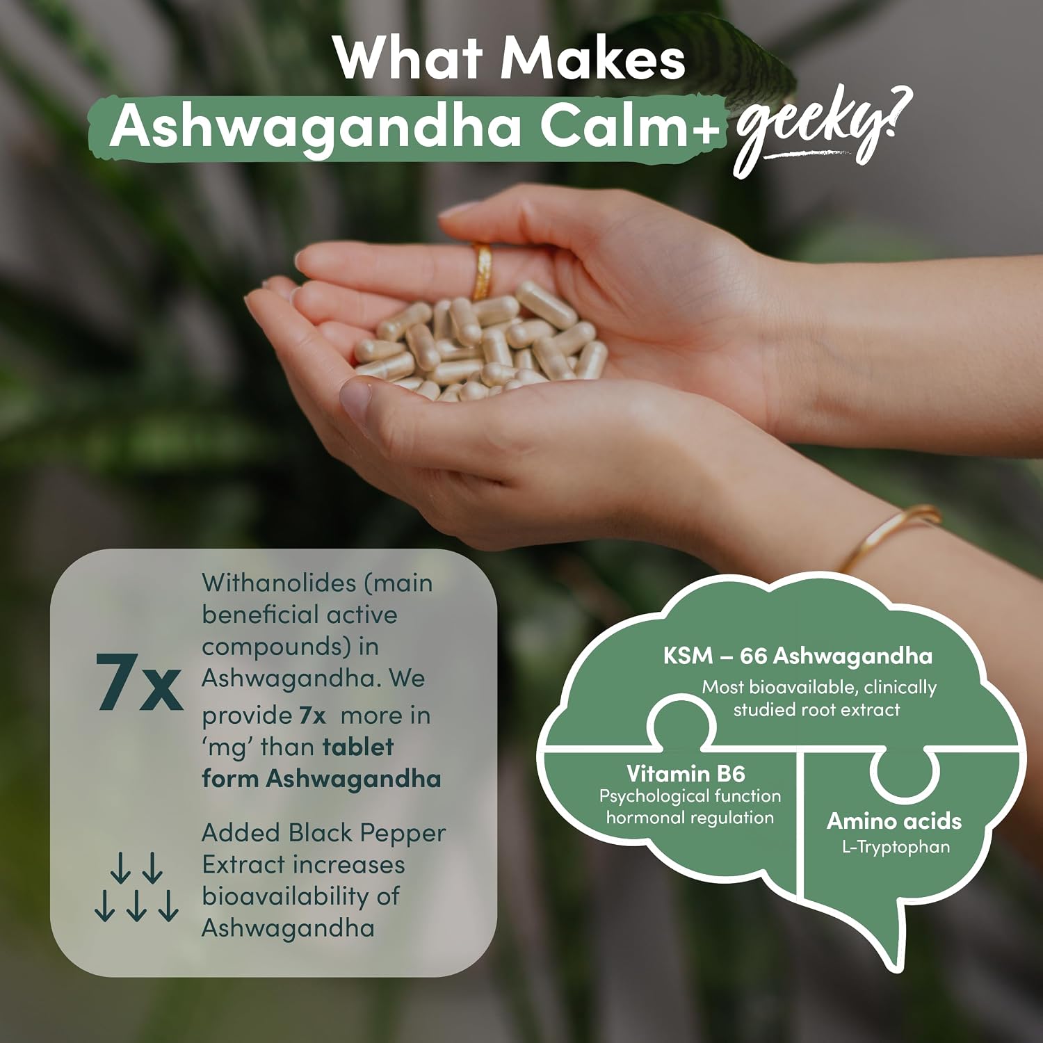 Nutrition Geeks Ashwagandha Calm+ 3000mg, vegan food supplement capsule packaging, no flavour, 60 capsules, daily supplement use