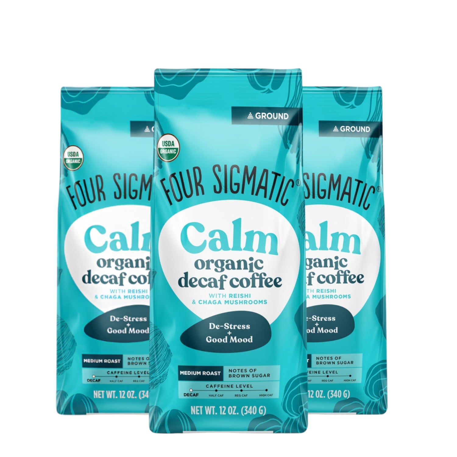 Four Sigmatic Organic Decaf Ground Coffee 340g, 3 pouches front packaging on white background