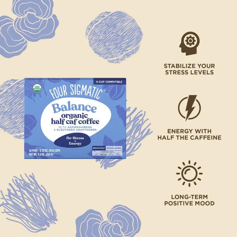 Four Sigmatic Organic Half Caff Coffee Pods, Medium Roast - 24 Count