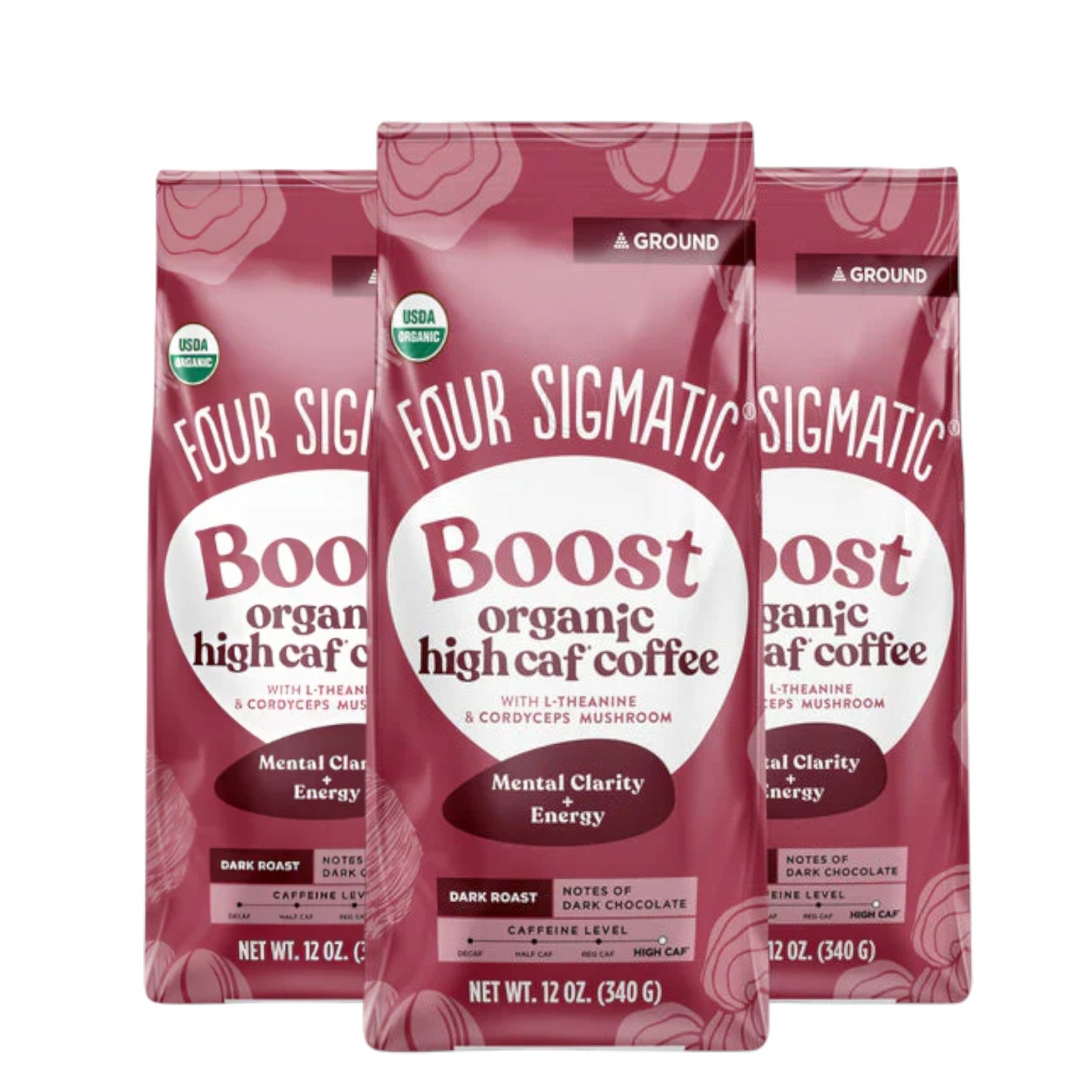 Four Sigmatic Organic High Caf Ground Coffee Dark Roast 340g, 3 pouches front packaging on white background