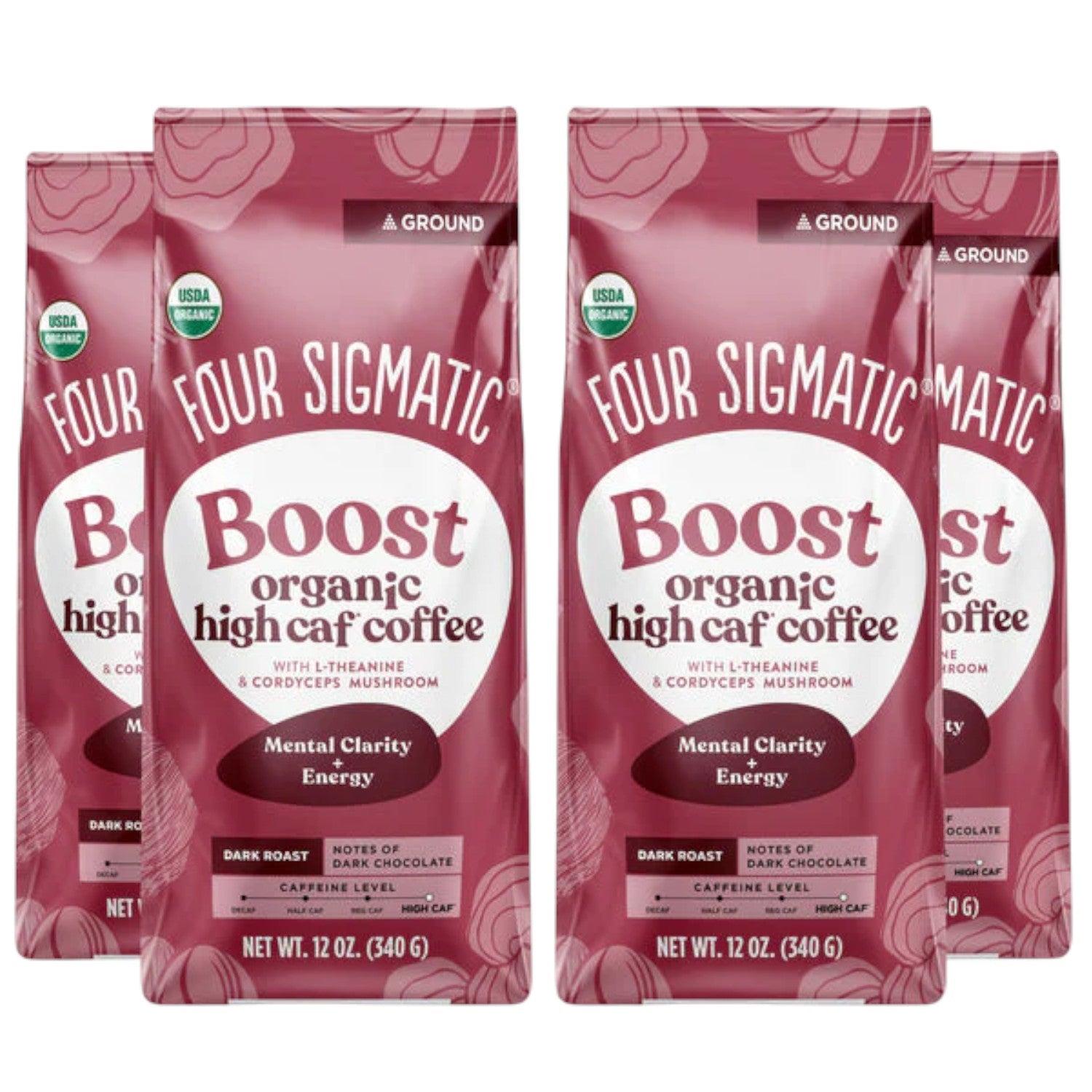 Four Sigmatic Organic High Caf Ground Coffee Dark Roast 340g, 4 pouches front packaging on white background