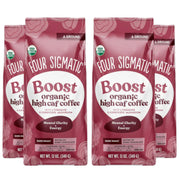 Four Sigmatic Organic High Caf Ground Coffee Dark Roast 340g, 4 pouches front packaging on white background