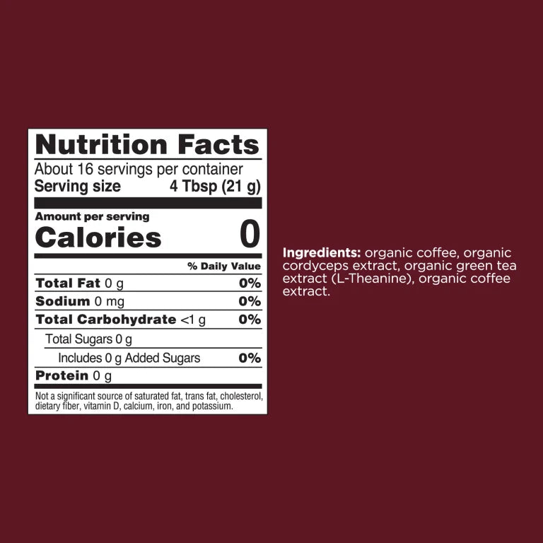 Four Sigmatic high caf ground coffee ingredients and product information panel on packaging