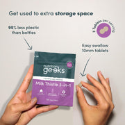 Nutrition Geeks Milk Thistle 3-in-1, vegan food supplement tablet packaging, no flavour, 120 tablets, directions for use