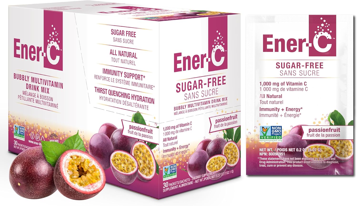 Ener-C Sugar Free Passion Fruit vitamin powder mix box front label 30 sachets on white background