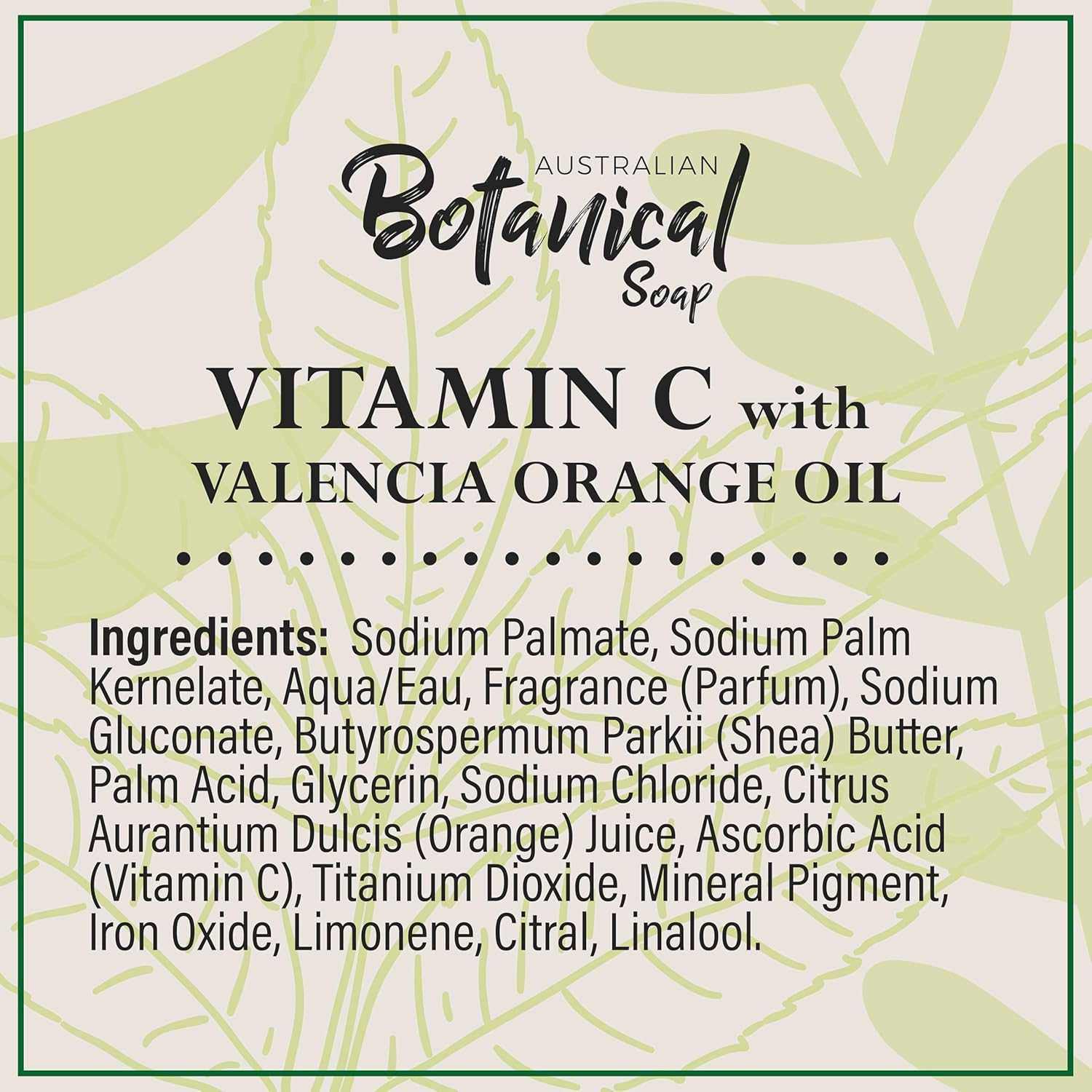 Ingredients and details of Australian Botanical soap bar pack.