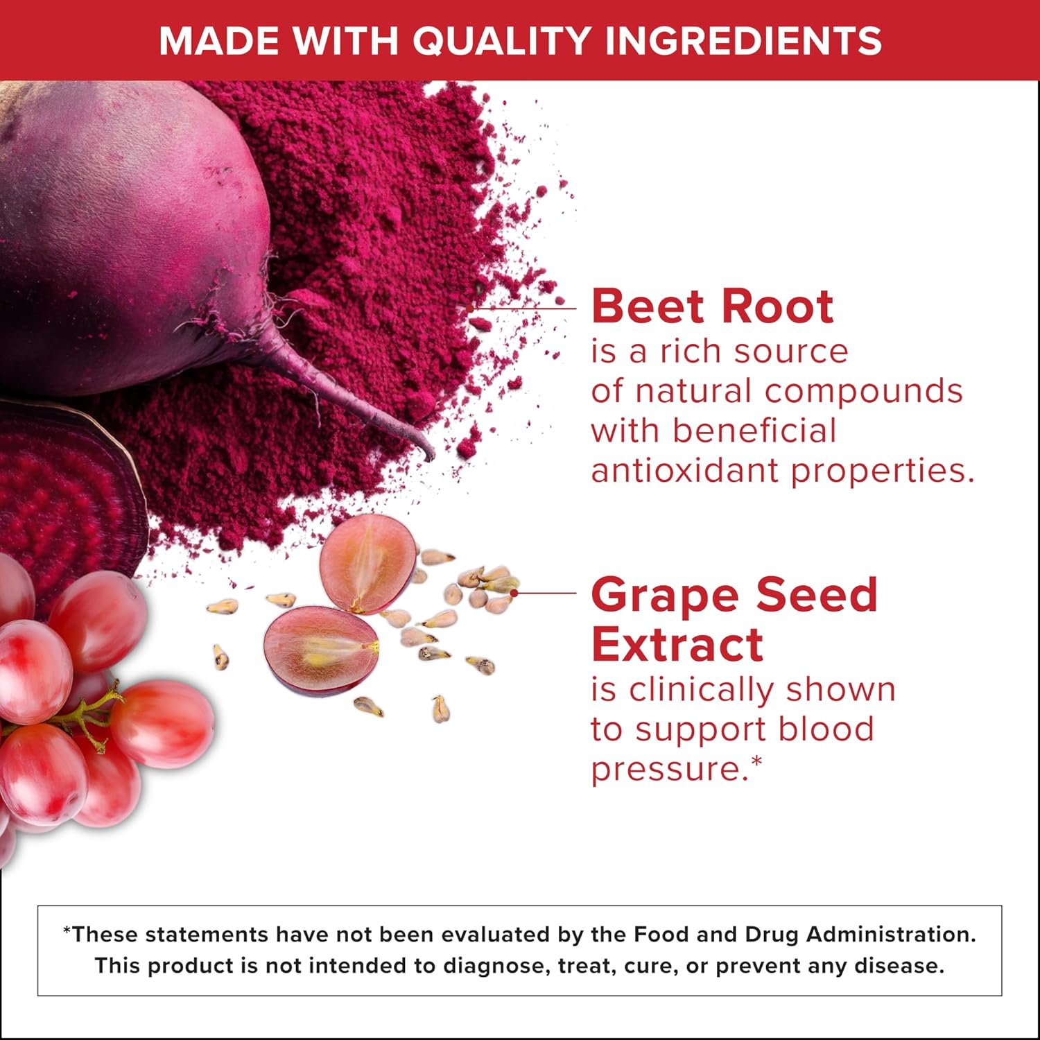 Supplement facts & ingredients image: Qunol Beet Root CoQ10 grape seed extract supplement facts 60 count