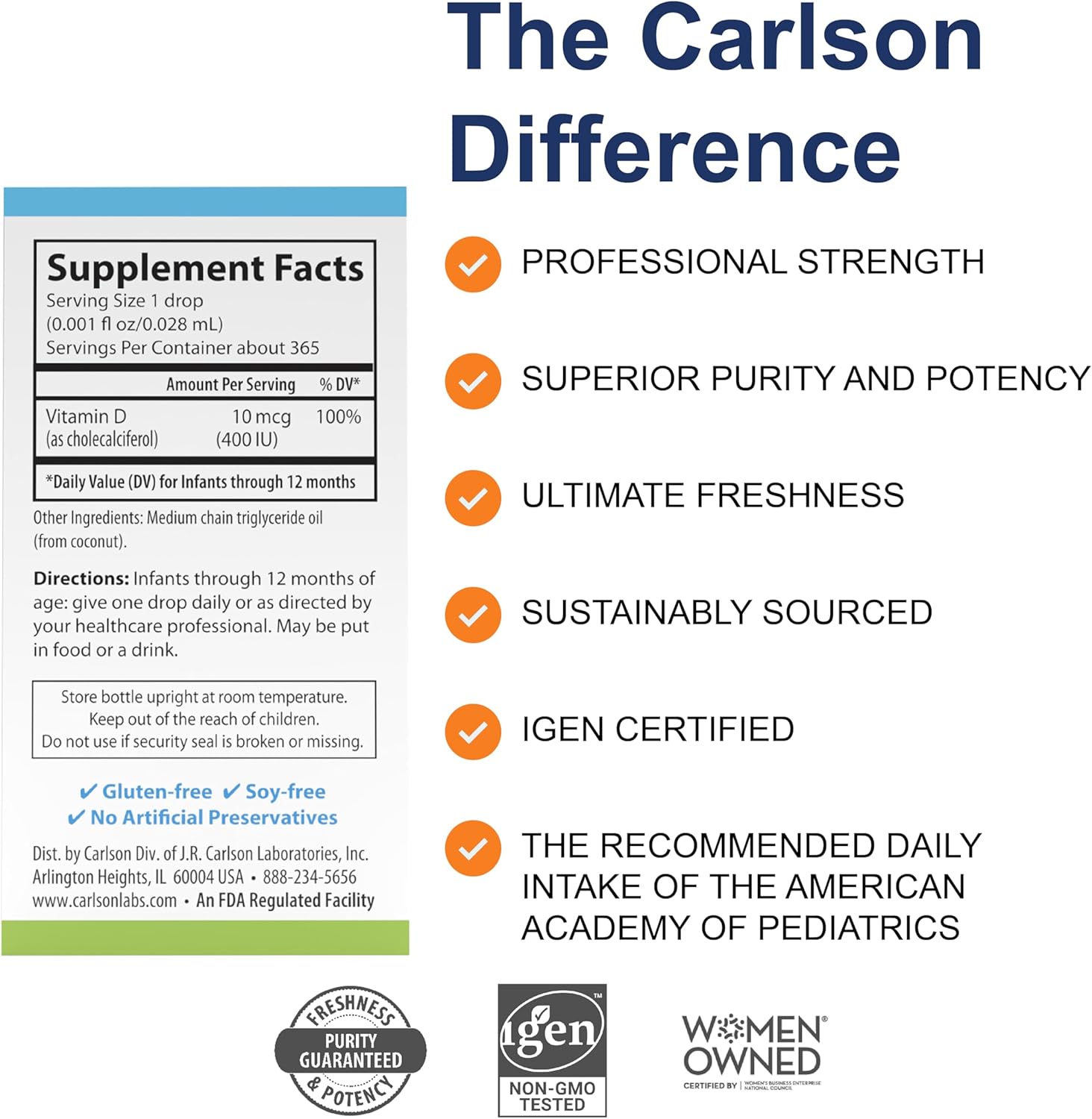 Supplement facts & ingredients image: Carlson Baby D3 400 IU supplement facts liquid drops 10.3 ml