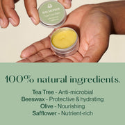 Supplement facts & ingredients image: Balmonds Tea Tree Balm 15ml ingredients olive oil beeswax tea tree oil