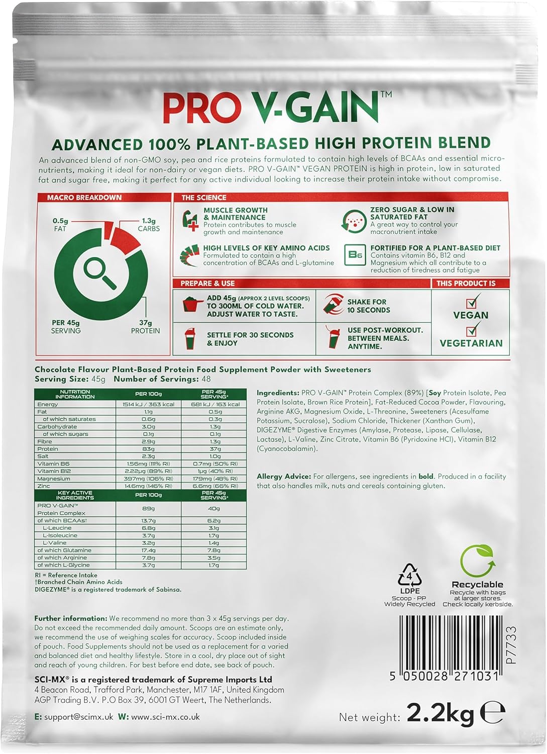 Supplement facts, ingredients & barcode image: SCI-MX Pro V-Gain ingredients label vegan protein chocolate 2.2kg