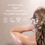 Urtekram Blond Hair Camomile Shampoo, shampoo bottle packaging, mild chamomile fragrance, 250ml, hair washing directions