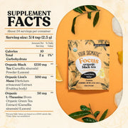 Supplement facts, ingredient list and nutritional info on back of tea bag.