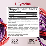 Supplement Facts Image: Jarrow Formulas L-Tyrosine 500mg supplement facts and ingredients 100 count