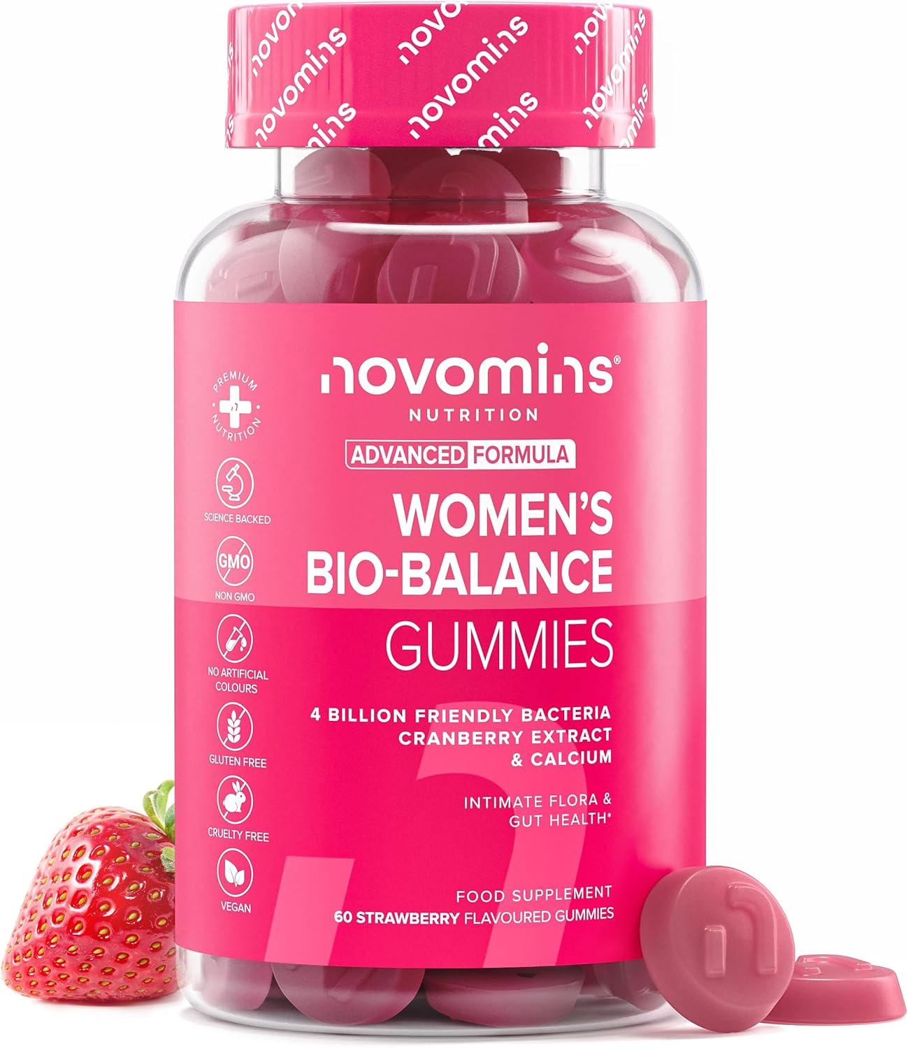Novomins Womens Bio Balance Gummies Strawberry 60 Count bottle supplement front view
