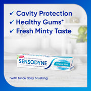 White and blue box of Sensodyne Daily Care Original Mint Toothpaste for sensitive teeth, 75ml.