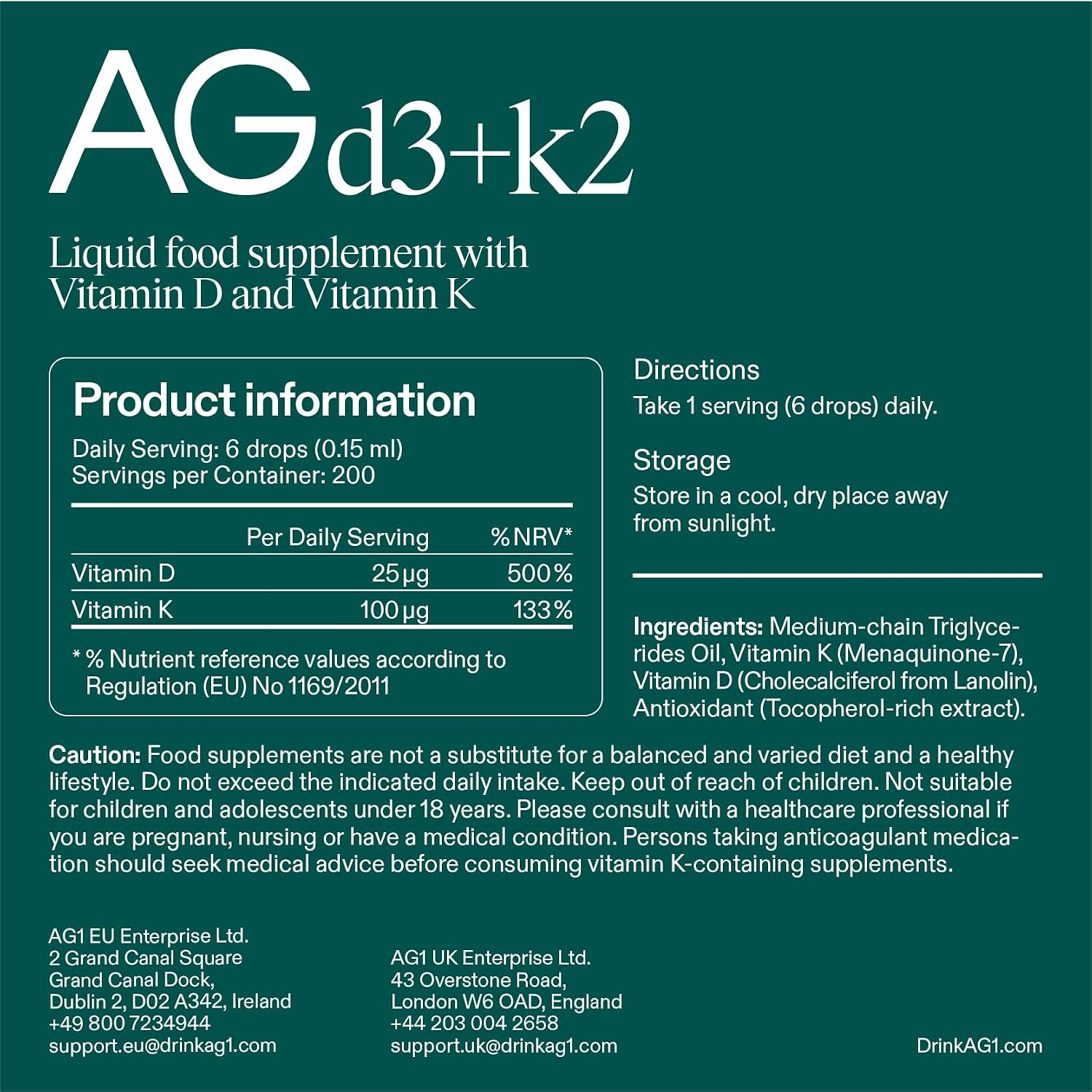 AG1 Vitamin D3 + K2 Liquid Food Supplement 30ml supplement facts and ingredients panel