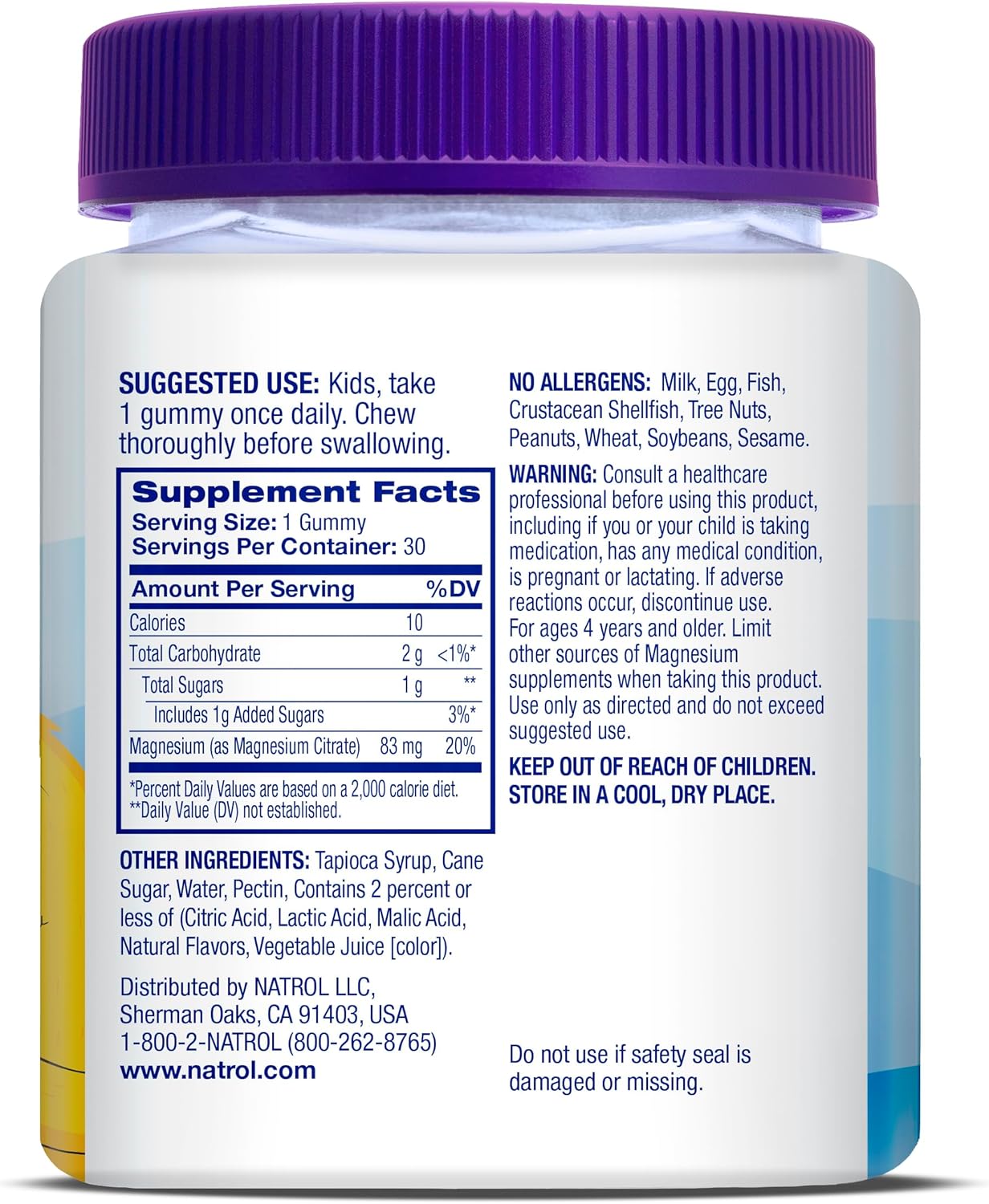Natrol Kids Magnesium Citrate gummies supplement facts label bottle 30 gummies