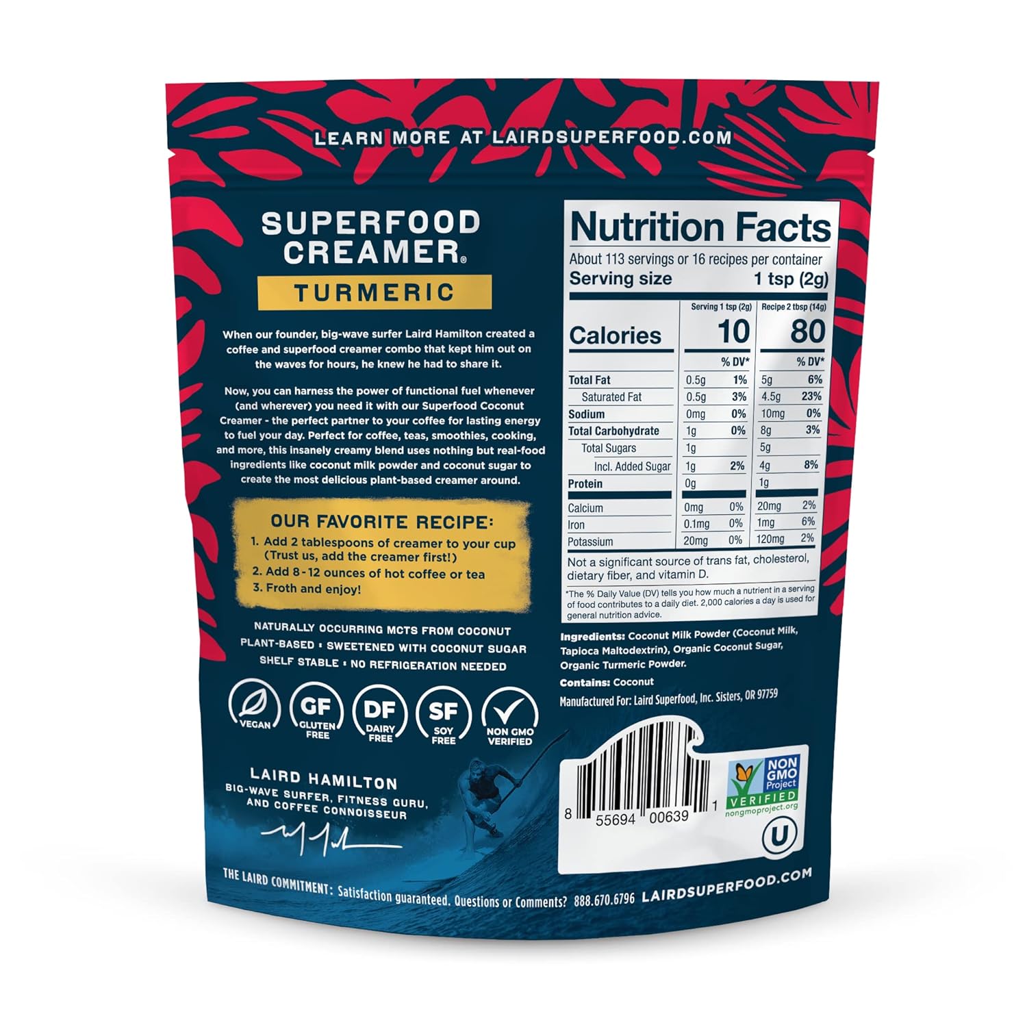 Laird Superfood turmeric coffee creamer ingredients, barcode & nutrition facts label 227g on white background