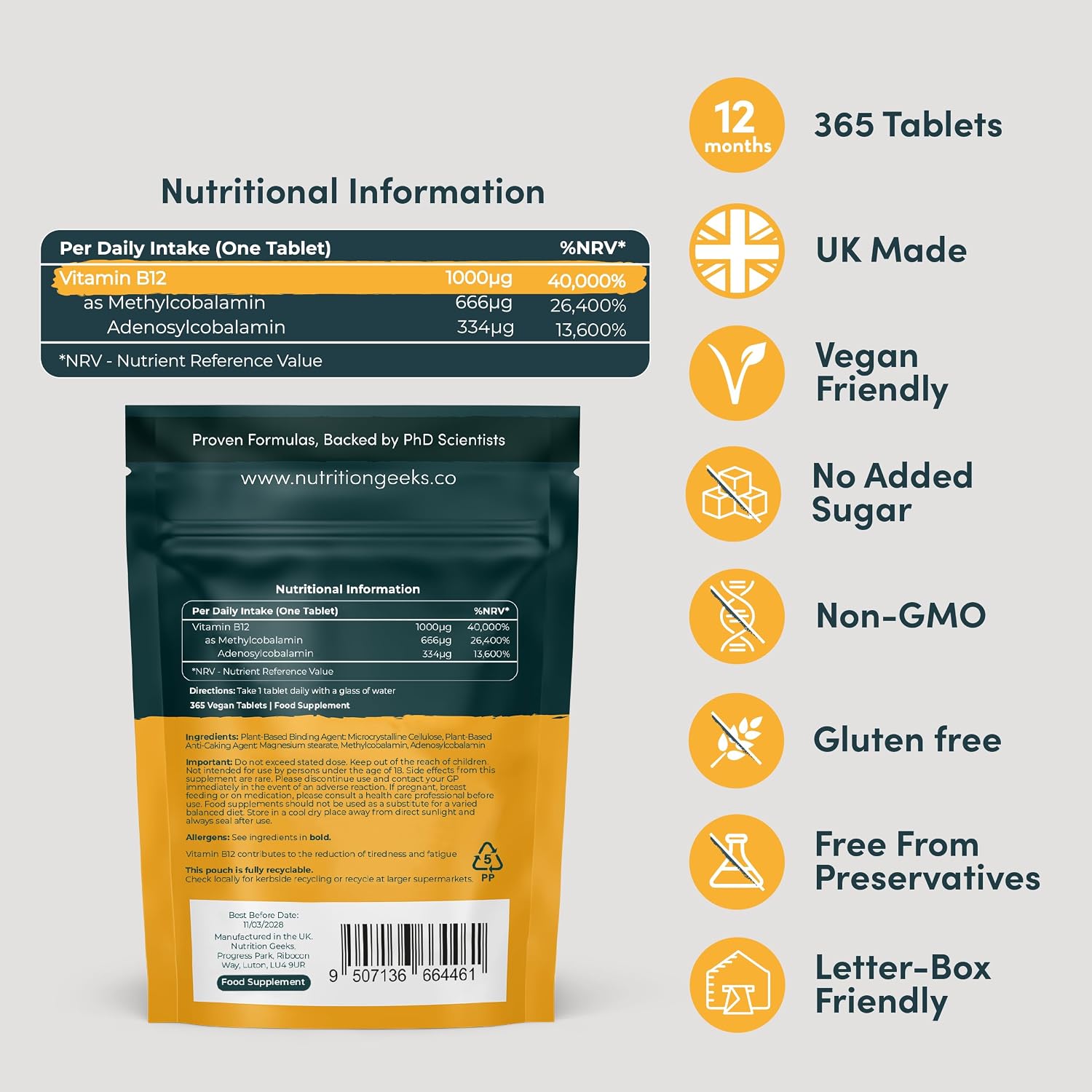 Nutrition Geeks B12 Dual Power, vegan food supplement tablet packaging, no flavour, 365 tablets, ingredients and nutritional information & barcode