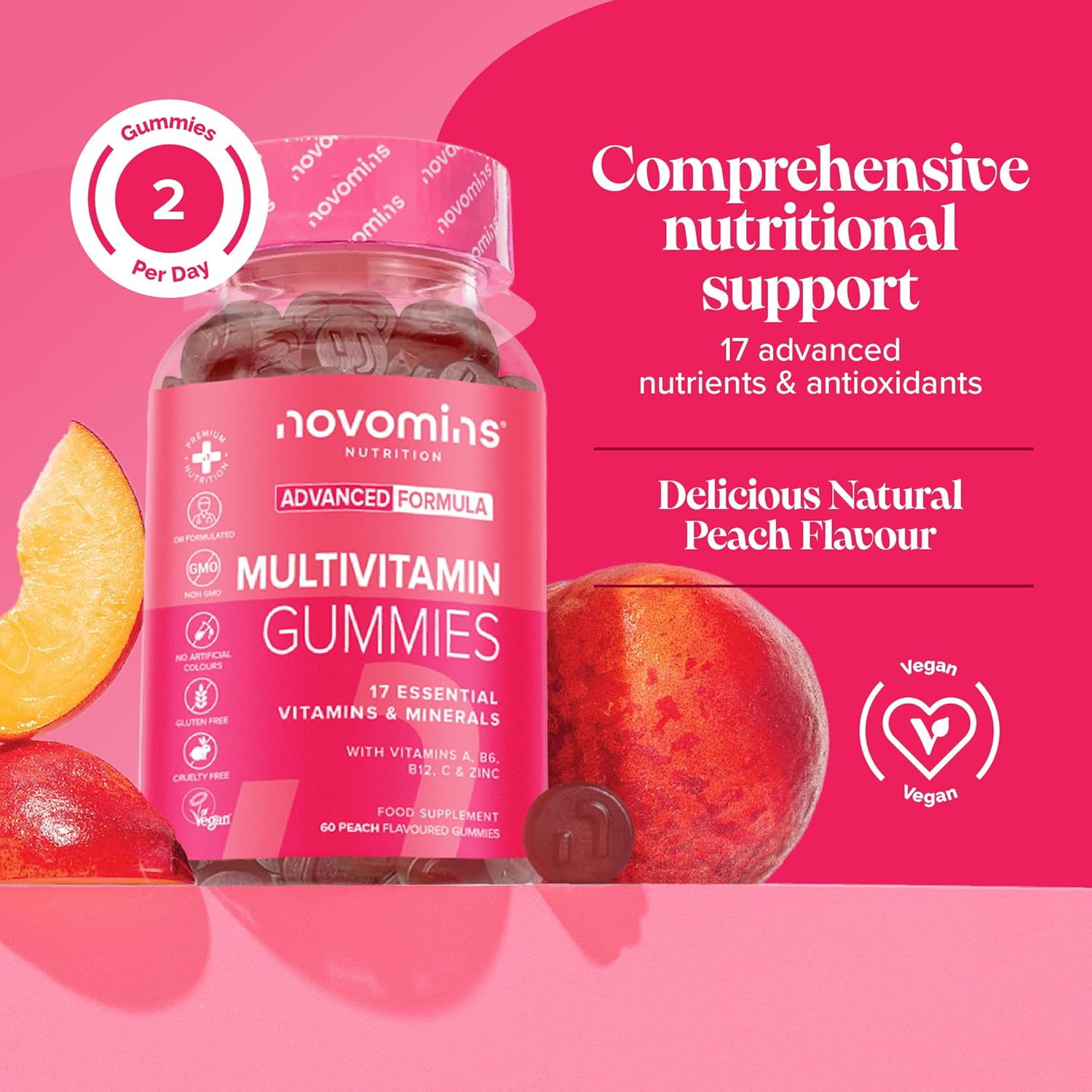 Novomins Multivitamin Gummies Peach 60 Count natural peach flavour 2 per day gummies