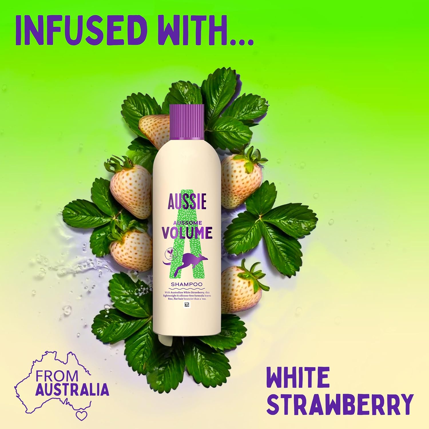 Aussie Aussome Volume Shampoo 600ml ingredients label showing white strawberry extract formula