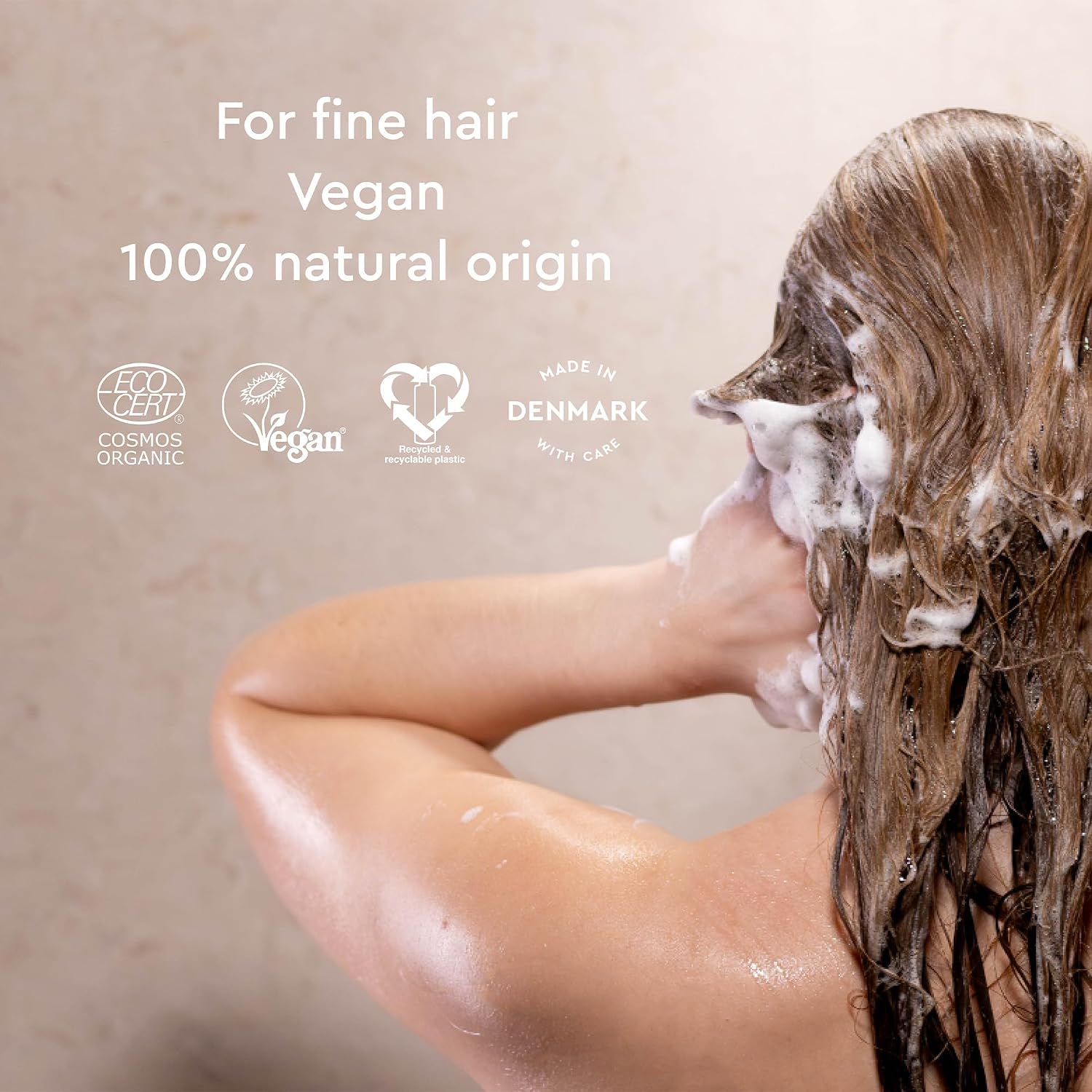 Urtekram Fine Hair Rosemary Shampoo, shampoo bottle packaging, rosemary fragrance, 250ml, hair washing directions